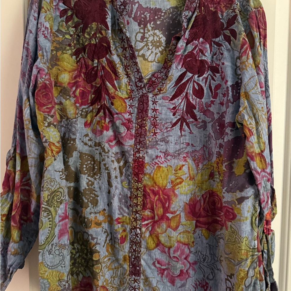 Vintage Floral Embroidered Blouse with Burgundy and Yellow Accents
